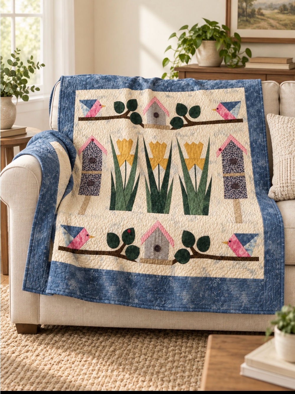 Handmade Blue Floral & Bird Patchwork Quilt Cream, Blue, Green